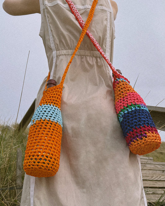 Blue and Orange Crochet Wine Bag